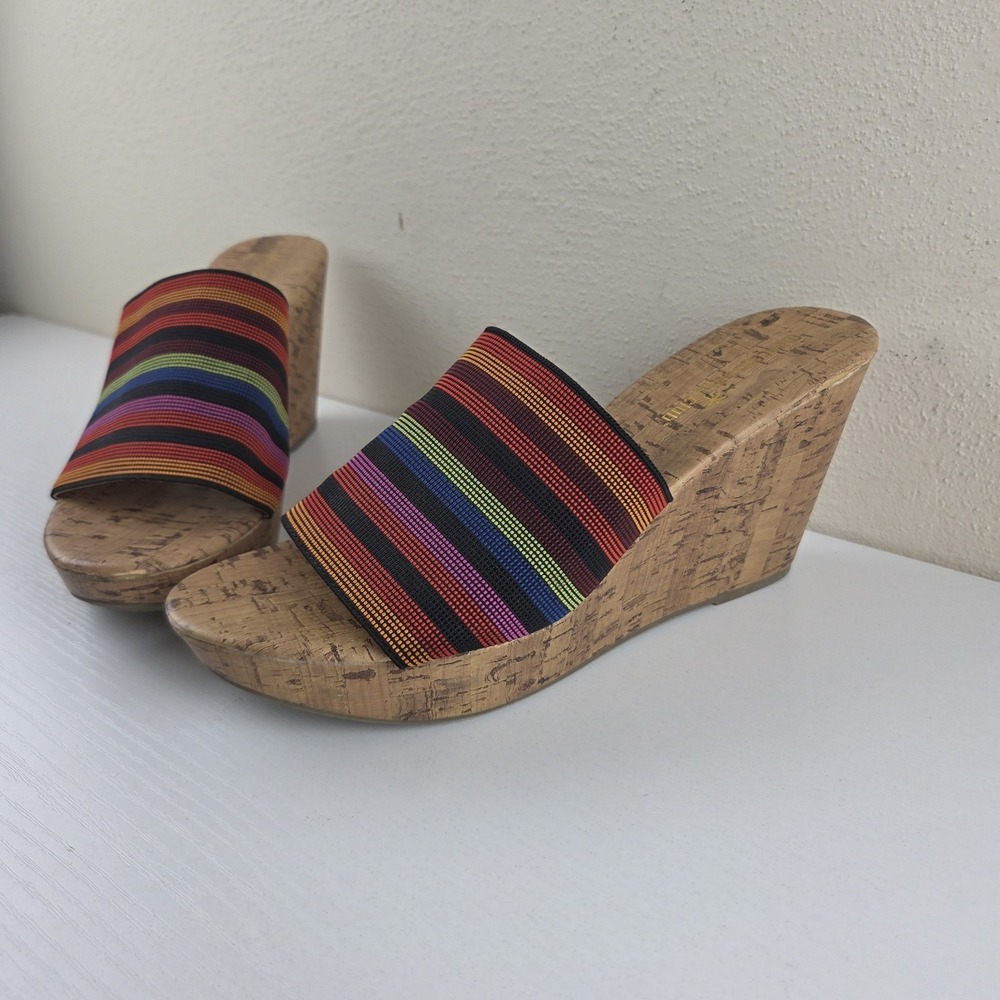 Montego Bay Club Slide Slip On Cork Multicolor Stretch Wedge Sandals Wmns Size 9